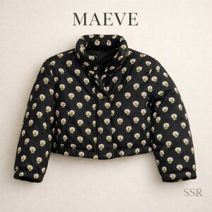 Maeve Anthropologie Floral Print Puffer Jacket Black Quilted Coat NWT XS